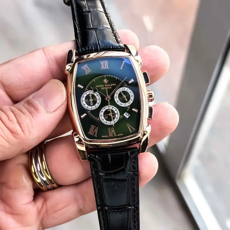 Patek Phillip_e Barrel Chronograph Rose Green Black Belt