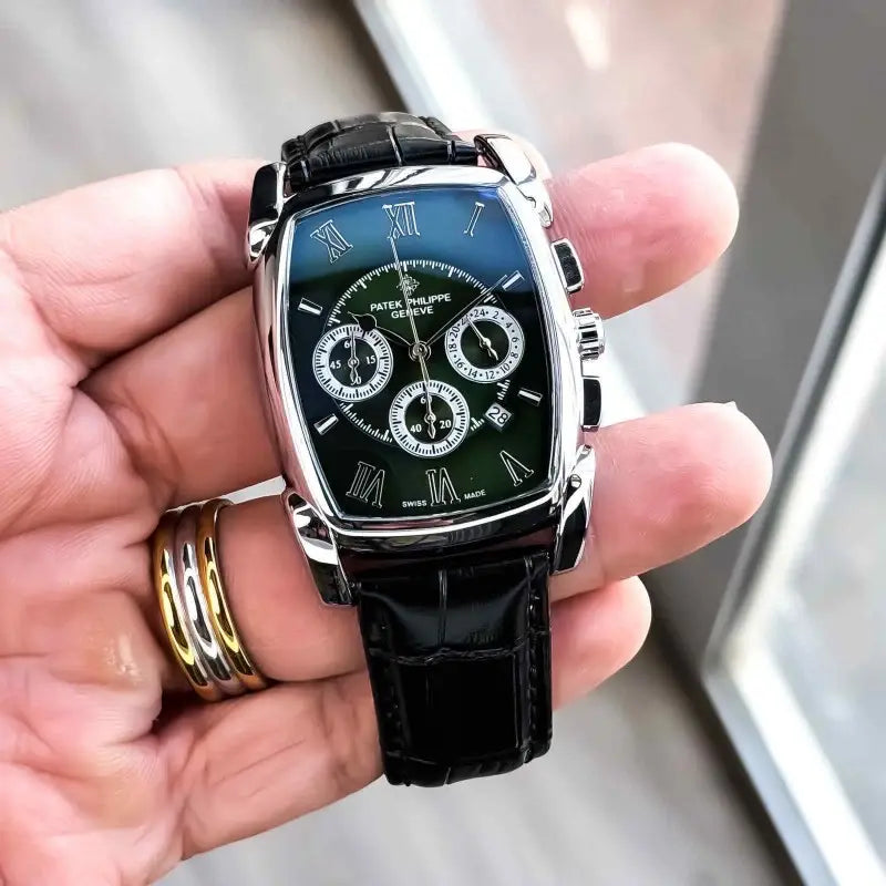Patek Phillip_e Barrel Chronograph Silver Green Black Belt